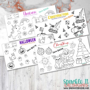 May include: Four printable colouring pages for a savings challenge. Each page features a different theme: unicorn, construction, Halloween, and Christmas. Each page includes a goal amount to save and a grid of coins to colour in as you save.