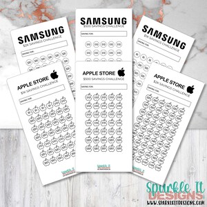 Op de afbeelding: Vier printbare spaaruitdagingen voor Samsung- en Apple-producten. Elke tracker heeft een raster met zwarte en witte appelpictogrammen met dollarbedragen ernaast. De trackers zijn ontworpen om gebruikers te helpen geld te sparen voor een specifiek doel.