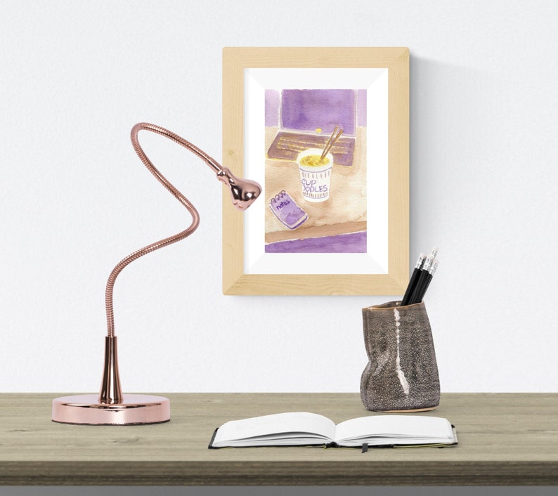 Beige and Purple Wall Art Instant Ramen Noodles Illustration Yellow Cup Noodles Original Watercolor Artwork Small Painting