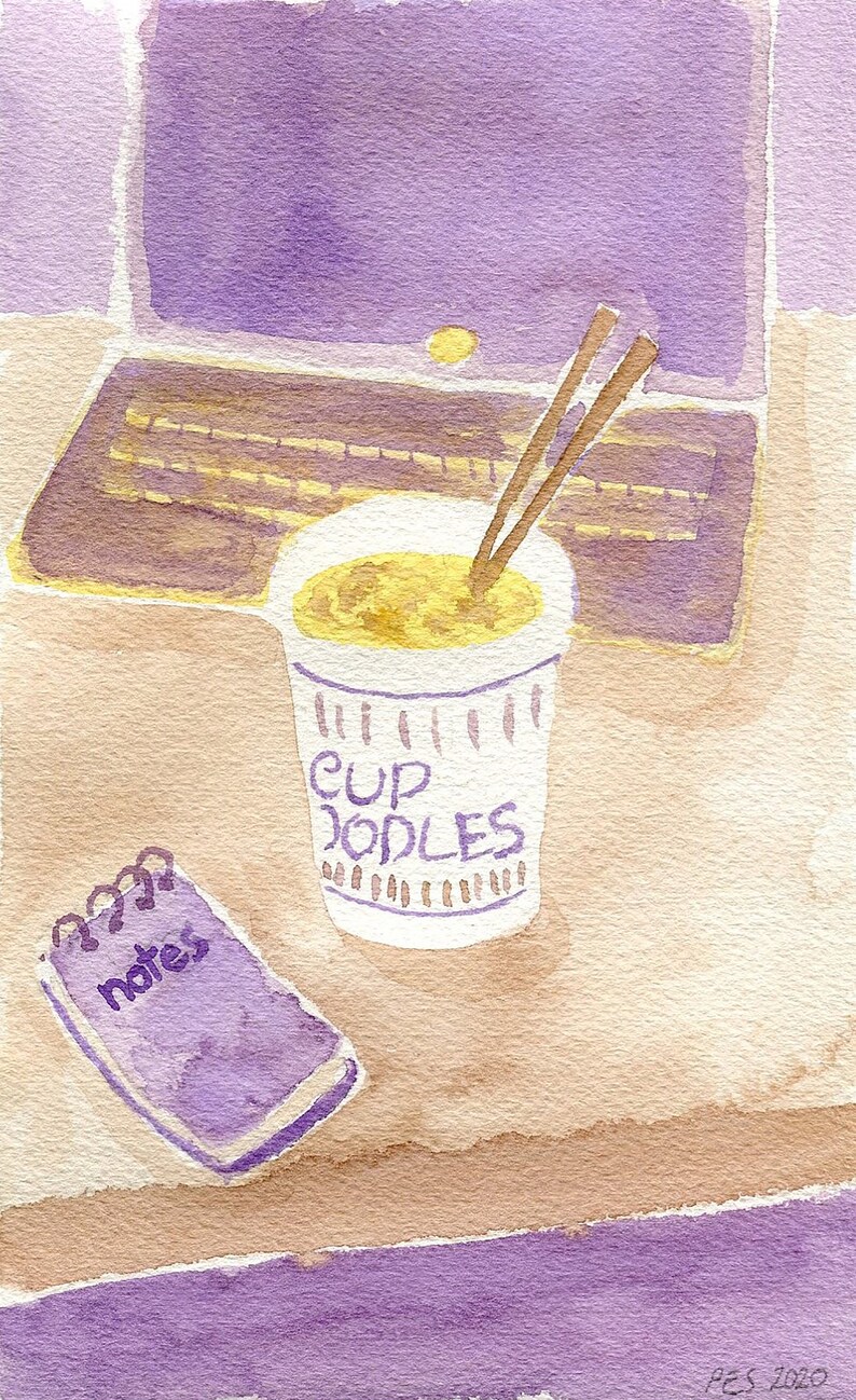 Beige and Purple Wall Art Instant Ramen Noodles Illustration Yellow Cup Noodles Original Watercolor Artwork Small Painting
