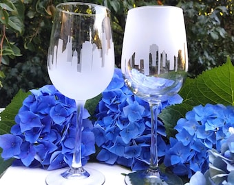 2 Sets of City Skyline Wine Glasses, (Set of 4) Choose 2 Different Cities!