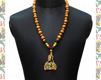 Haile Selassie I Wooden Necklace / Reggae Rasatafari  Ethiopia Roots Dub King Jah Lion of Judah