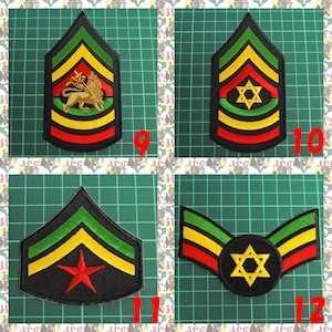May include: Four embroidered patches with a black background and green, yellow, and red stripes. The patches feature a lion, a star of David, a red star, and a star of David in a circle. The patches are numbered 9, 10, 11, and 12.