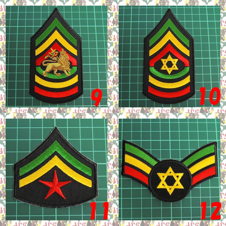 May include: Four embroidered patches with a black background and green, yellow, and red stripes. The patches feature a lion, a star of David, a red star, and a star of David in a circle. The patches are numbered 9, 10, 11, and 12.