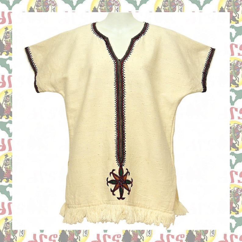 Ethiopian Traditional Hand Embroidered Organic Cotton Shirt / tra w-a117 Roots Reggae Dub Ethiopia Africa Jamaica image 1