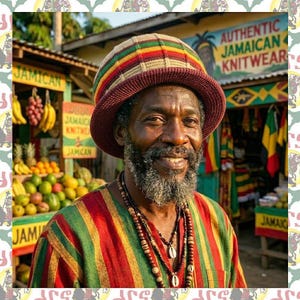 Könnte beinhalten: Ein Mann trägt ein gestreiftes rot-gelb-grünes Hemd und einen Strickhut in ähnlichen Farben. Er lächelt vor einem Geschäft mit dem Schild "Authentic Jamaican Knitwear". Das Geschäft verkauft auch Obst.