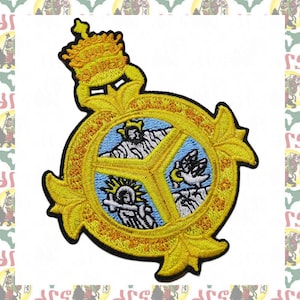 May include: Embroidered patch featuring a gold-colored emblem with a crown at the top. The emblem has a circular design with three sections, each containing a different image on a blue background. The patch has a black border.