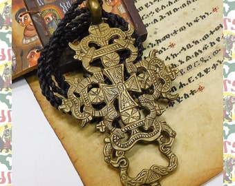 Ethiopian Brass Cross Wax-cord Braided Necklace e90 / Reggae Rasatafari Lion of Judah Ethiopia Roots Dub King Jah