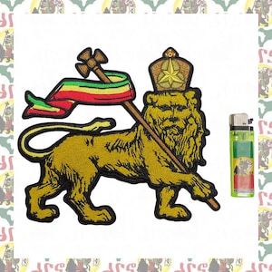 Patch en fer avec broderie chenille (Rasta Reggae Ethiopie Afrique Lion de Juda Haile Selassie i Jamaïque Dub)