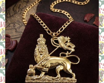 drs : Extra Large 3D Lion of Judah Gold Necklace Reggae Rasta Pendant