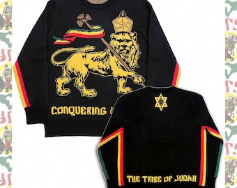 May include: Black knitted sweater with a lion, crown, and flag design on the front. The back of the sweater has a Star of David and the text "The Tribe of Judah".