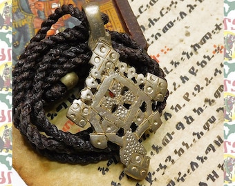 Ethiopian Brass Cross Wax-cord Braided Necklace e84 / Reggae Rasatafari Lion of Judah Ethiopia Roots Dub King Jah