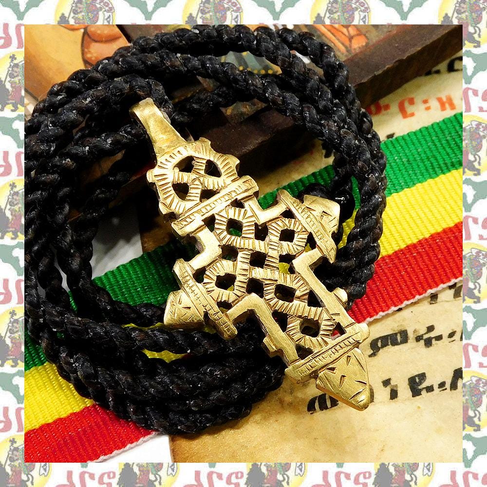 Ethiopian Brass Cross Wax-cord Braided Necklace D02 / Reggae
