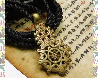 Ethiopian Brass Cross Wax-cord Braided Necklace e85 / Reggae Rasatafari Lion of Judah Ethiopia Roots Dub King Jah