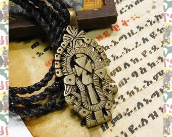 Ethiopian Brass Cross Wax-cord Braided Necklace e83 / Reggae Rasatafari Lion of Judah Ethiopia Roots Dub King Jah