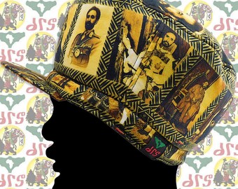 drs  [Size-R/57cm - 62cm] Reversible Marshall style Rasta Crown Hat  (African fabric Roots Dub Reggae Dreadlocks Jamaica Lion of Judah )