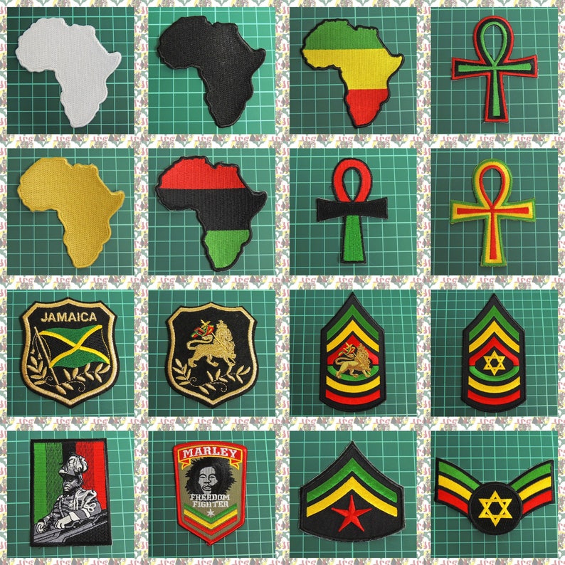 May include: A set of 10 iron-on patches featuring various designs, including a Jamaican flag, a lion, an ankh symbol, and a military-style chevron. The patches are all on a green grid background.