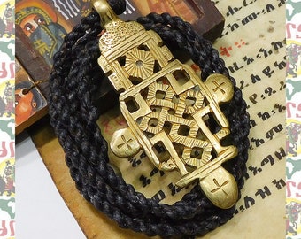 Ethiopian Brass Cross Wax-cord Braided Necklace e88 / Reggae Rasatafari Lion of Judah Ethiopia Roots Dub King Jah