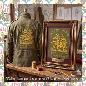 May include: An olive green field jacket featuring a large embroidered patch on the back depicting a lion holding a cross with the text The Lion of Judah Shall Break Every Chain, alongside a framed version of the same patch on a wooden table.
