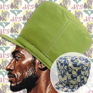 May include: A green hat with a short brim and a stitched design. The hat is shown with a side profile of a person's face. A smaller image shows a hat with a blue and white star pattern.