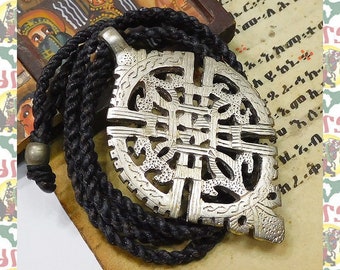 Ethiopian Brass Cross Wax-cord Braided Necklace e87 / Reggae Rasatafari Lion of Judah Ethiopia Roots Dub King Jah