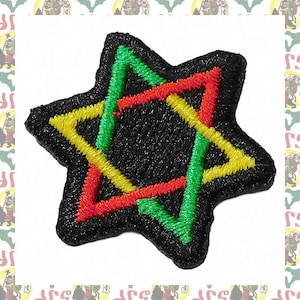 May include: Embroidered black star patch with a six-pointed star design in red, yellow, and green. The patch has a textured appearance and a stitched border. This patch is suitable for clothing or accessories.