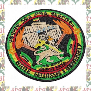 May include: A circular embroidered patch with a green, yellow, and red border. The center features a lion, a building, and the text "H.I.E. SELASSIE I UNIVERSITY 1961 A.D. 1961 E.C."
