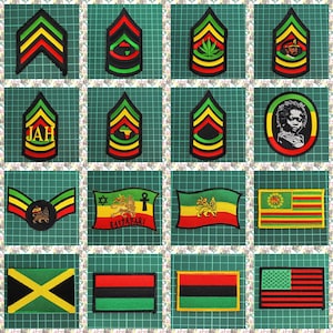 Puede incluir: Un conjunto de 16 parches para planchar con varios diseños relacionados con la cultura rastafari. Los parches incluyen banderas, insignias de estilo militar y retratos de figuras notables. Los parches son todos en tonos de verde, rojo, amarillo y negro.