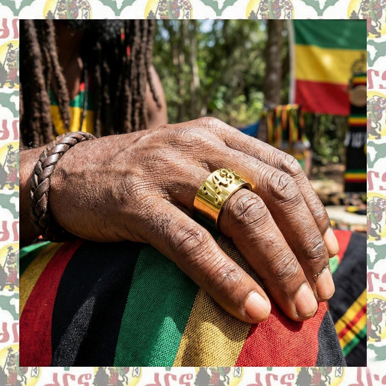 Men's JAH Ring Gold Stainless Steel | 12mm Wide Band | Rasta Roots