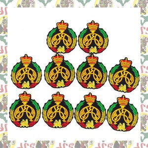 May include: Nine embroidered patches with a gold crown, a black background, and a gold design of two intertwined letters. The patches are surrounded by a green wreath with red and yellow accents.
