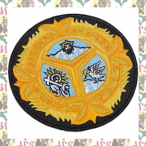 May include: A gold embroidered patch with a black background. The patch features a three-part design with a sun, a dove, and a figure with a halo. The text "United States" is embroidered around the outer edge of the patch.