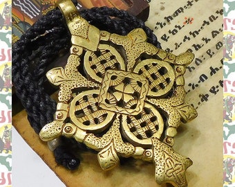 Ethiopian Brass Cross Wax-cord Braided Necklace e89 / Reggae Rasatafari Lion of Judah Ethiopia Roots Dub King Jah