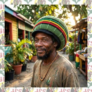 May include: A man wearing a green, red, yellow, and black striped Rasta hat and a wooden bead necklace. He is wearing a brown t-shirt with paint splatters. The background shows a colourful market scene with plants and buildings.