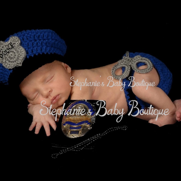 Crochet Pattern Newborn Police Officer Hat & Diaper Set, PDF 110, Policeman Pattern, Baby Pattern, Photo Prop Pattern, Digital Download