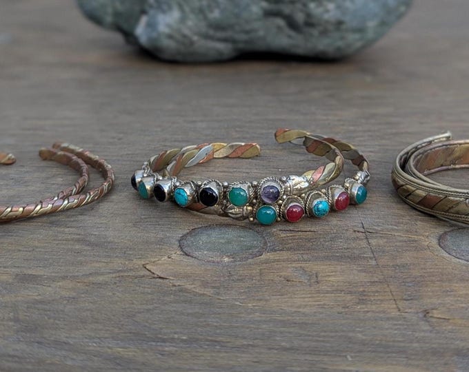 Vintage Copper & Brass Twisted Healing Cuff Bracelets with Gemstones | Boho Jewelry | Healing Energy Bracelet (CB-119)