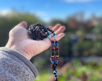 New Evil Eye Mala with Himalayan Rose wood beads. meditation mala, Prayer mala, spiritual mala, mala Necklace, evil eye Mala Necklace
