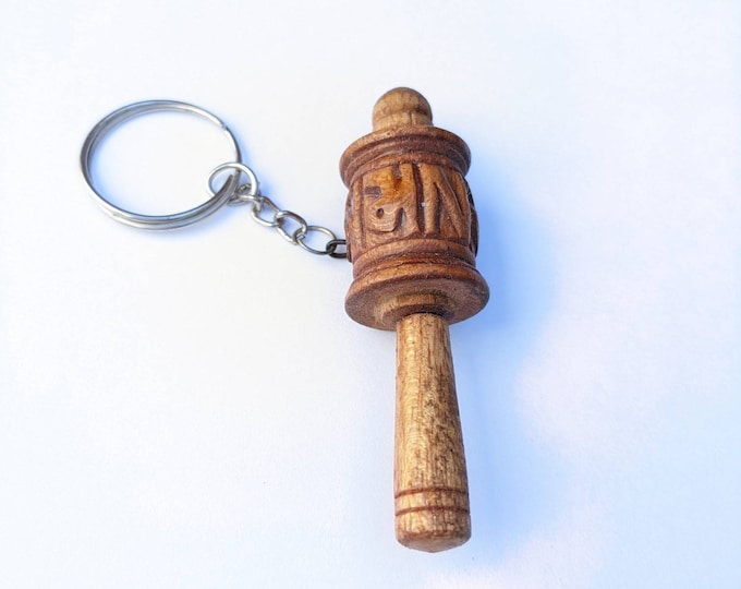 Hand made Tibetan Om Mantra carved wooden prayer wheel Key or charm pendant
