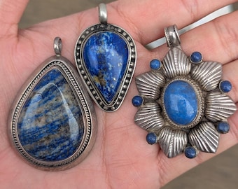 Handmade Tibetan Lapis lazuli Gemstone Sterling Silver Handmade Pendant (p7-028)