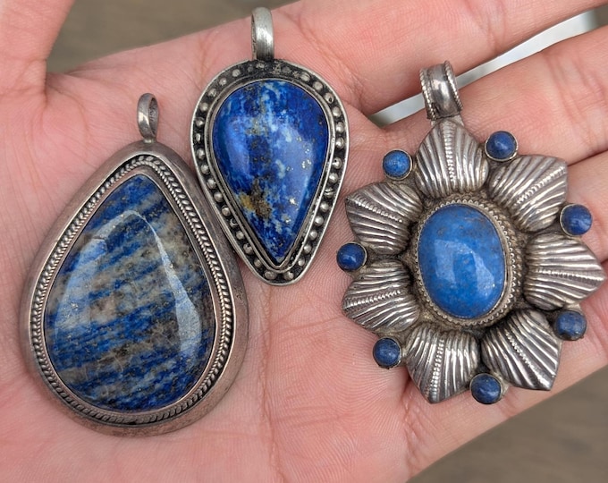 Handmade Tibetan Lapis lazuli Gemstone Sterling Silver Handmade Pendant (p7-028)