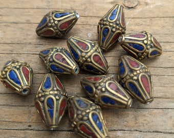 Handcrafted Rice Bean Beads: Ethnic Brass Inlays, Coral & Turquoise (10 pc)