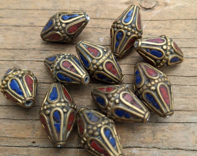 Handcraft 10 Beads - Rice bean shape ethnic Himalayan bead with circles design brass lapis coral inlays