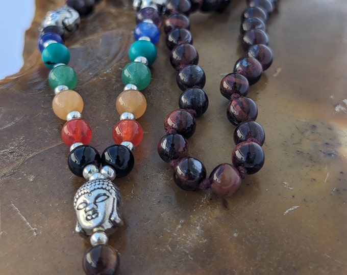 Red tiger's eye with 7 Chakra stone/ Red tiger's eye mala/ Knotted tiger's eye Bead Meditation Mala, 108 Beads/ Red tiger's eye Crystal mala