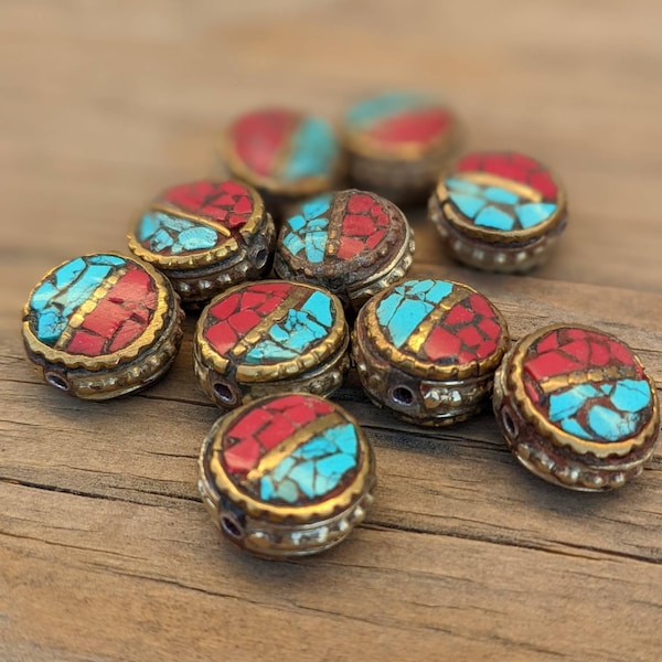 Handcraft 10 Beads - Rice bean shape ethnic Himalayan bead with circles design brass turquoise coral inlays