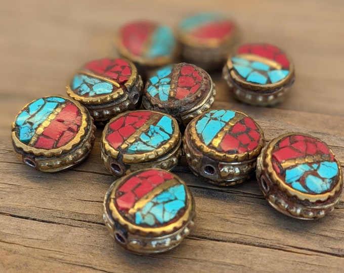 Handcraft 10 Beads - Rice bean shape ethnic Himalayan bead with circles design brass turquoise coral inlays