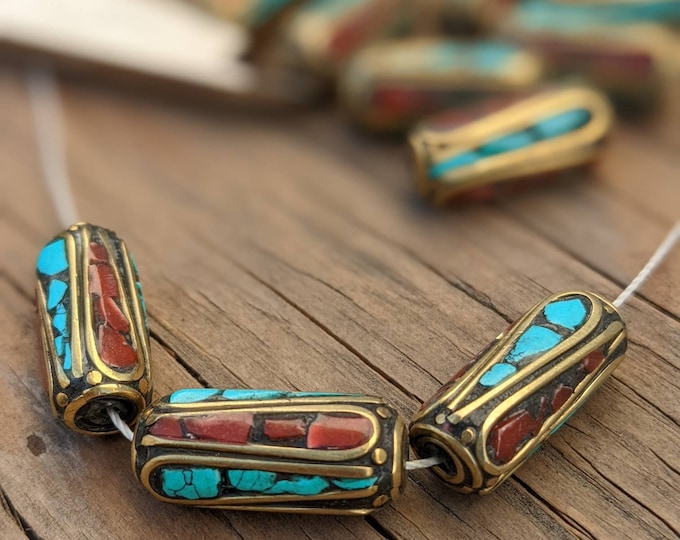 Handcraft 10 Beads - Rice bean shape ethnic Himalayan bead with circles design brass turquoise coral inlays