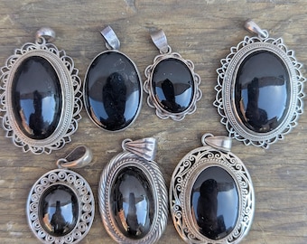 Black Onyx Gemstone Collection with Sterling Silver and White Brass Pendants (p7-056)