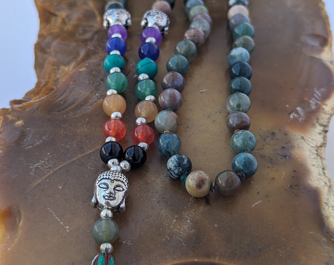Moss agate with 7 Chakra stone/ Moss agate mala/ Moss agate Meditation Mala knotted, Moss agate 108 Beads beaded mala / Moss agate mala