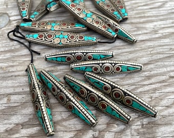 1 x 5 inches: Tibetan rare custom-made handcrafted beads; rice bean-shaped ethnic Himalayan bead with design brass turquoise coral inlays