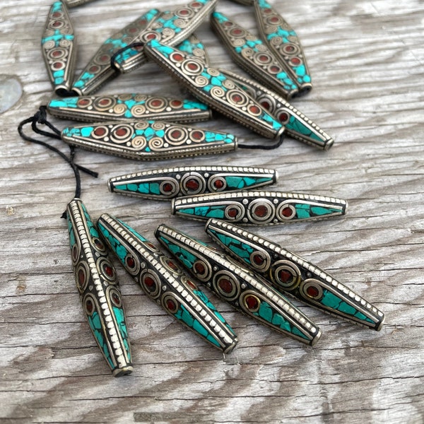 1 x 5 inches: Tibetan rare custom-made handcrafted beads; rice bean-shaped ethnic Himalayan bead with design brass turquoise coral inlays