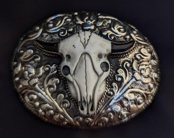Handmade belt buckle/vintage longhorn, antique silver bull buckle, bull belt buckle, western belt buckle/unique belt buckle.